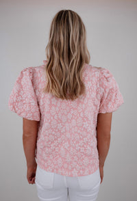 BiBi Textured Floral Ruffle Neck Top in blush - women's t-shirt - detail view