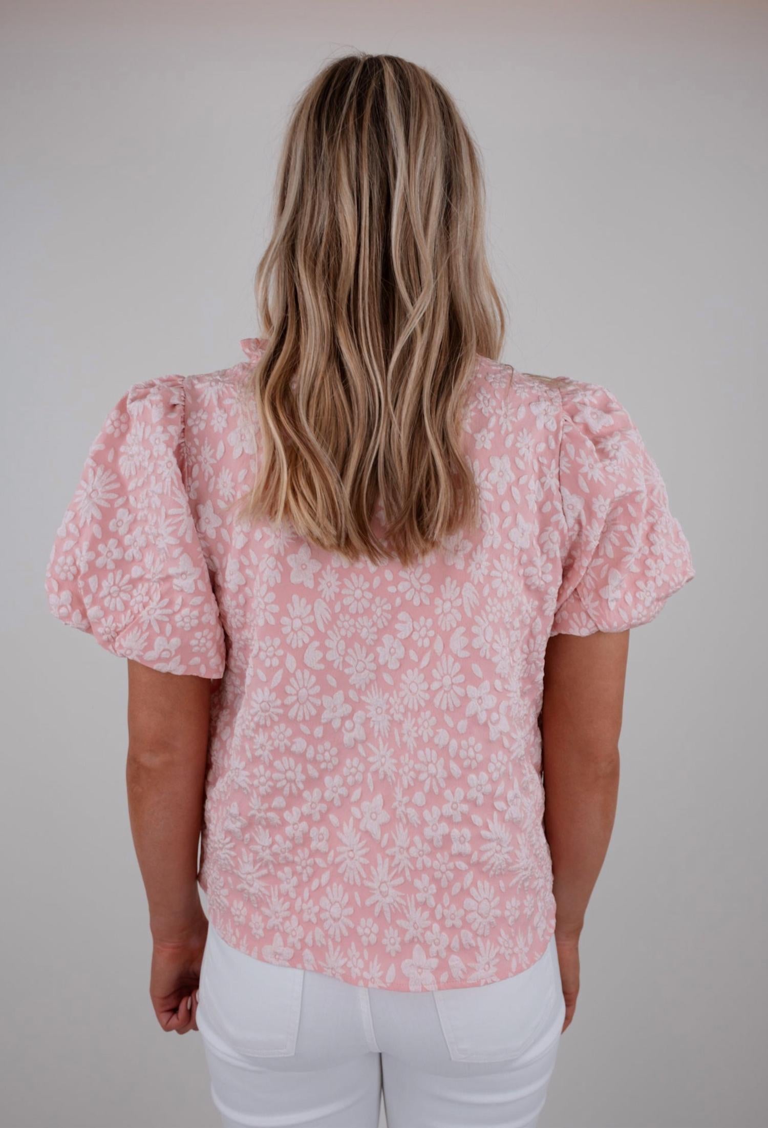 BiBi Textured Floral Ruffle Neck Top in blush - women's t-shirt - detail view