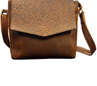 Roma Leathers Women's Vintage Leather Crossbody Handbag With Flower Printing in brown - women's bag