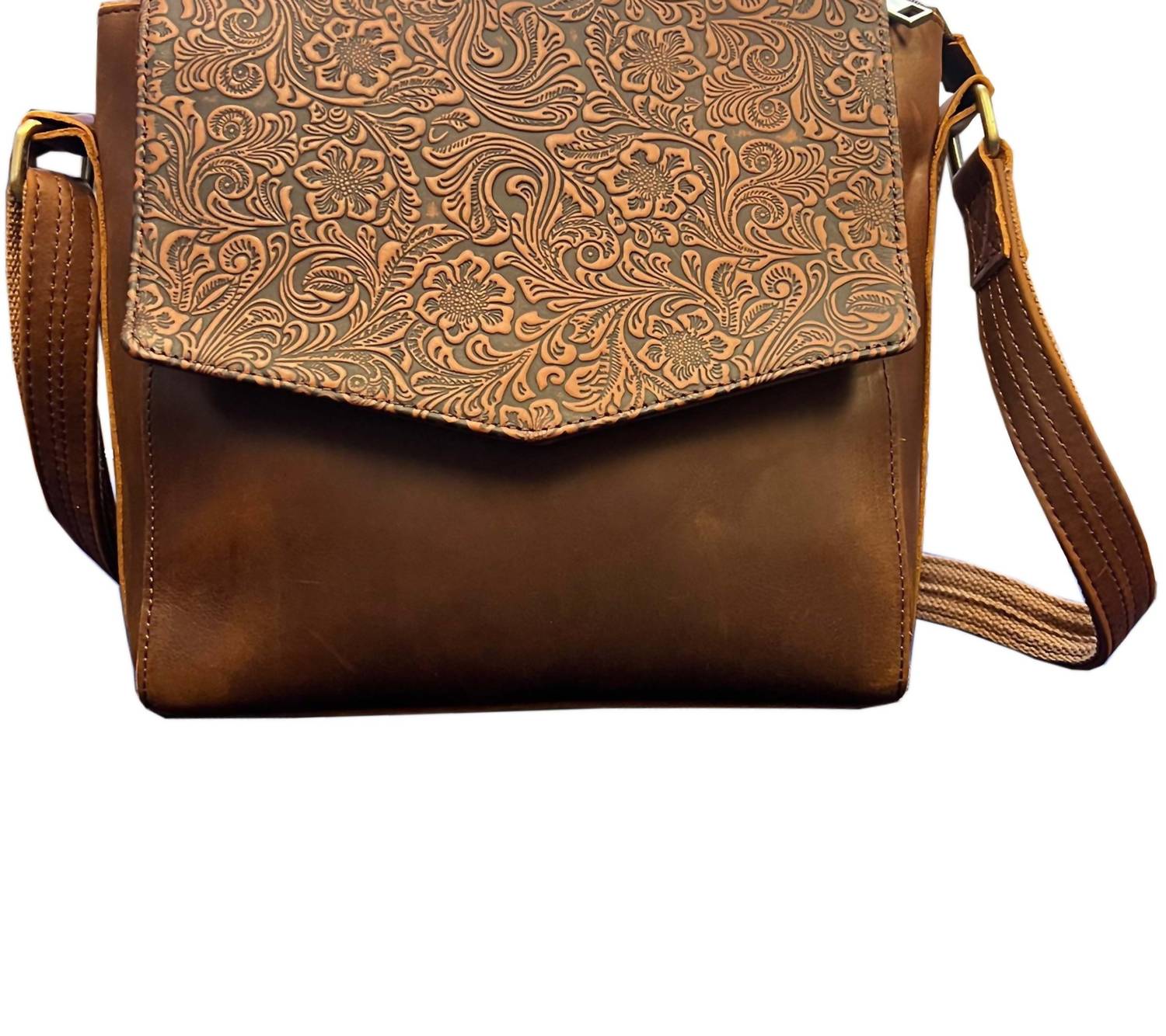 Roma Leathers Women's Vintage Leather Crossbody Handbag With Flower Printing in brown - women's bag