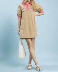 Umgee - Embroidered Contrast Trim Tunic Mini Dress
