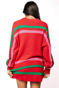 QUEEN OF SPARKLES Sleigh Queen Stripe Sweater in red green pink - women's sweater - detail view