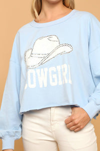 Peach Love Cowgirl Cropped Rhinestone Sweatshirt in baby blue - women's shirt - view 4
