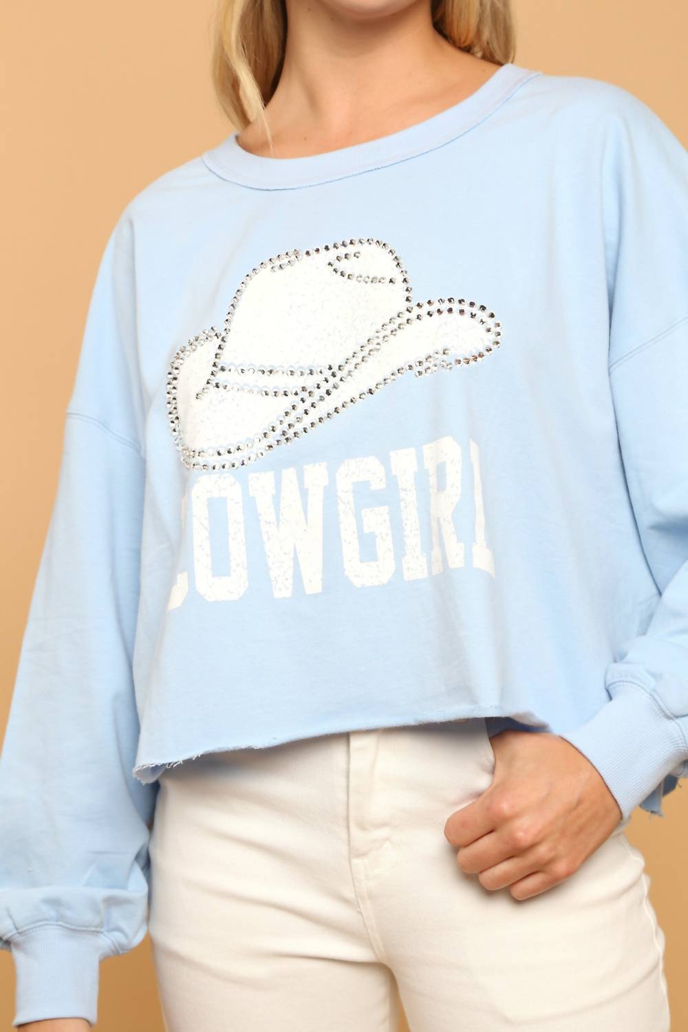 Peach Love Cowgirl Cropped Rhinestone Sweatshirt in baby blue - women's shirt - view 4