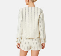 Suncoo Diane Collarless Striped Button Up Jacket in white and black - women's jacket - detail view