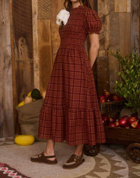 Blu Pepper - Plaid Short Puff Sleeve Smocked Midi Dress