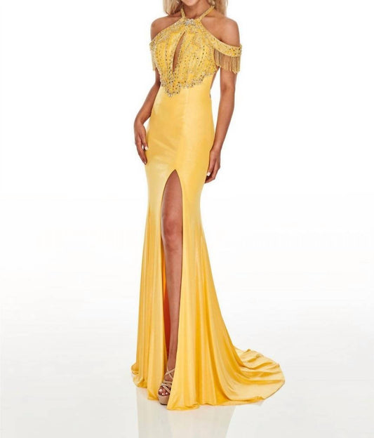 Rachel Allan - Lace-up Back Shimmer Metallic Jersey Prom Gown