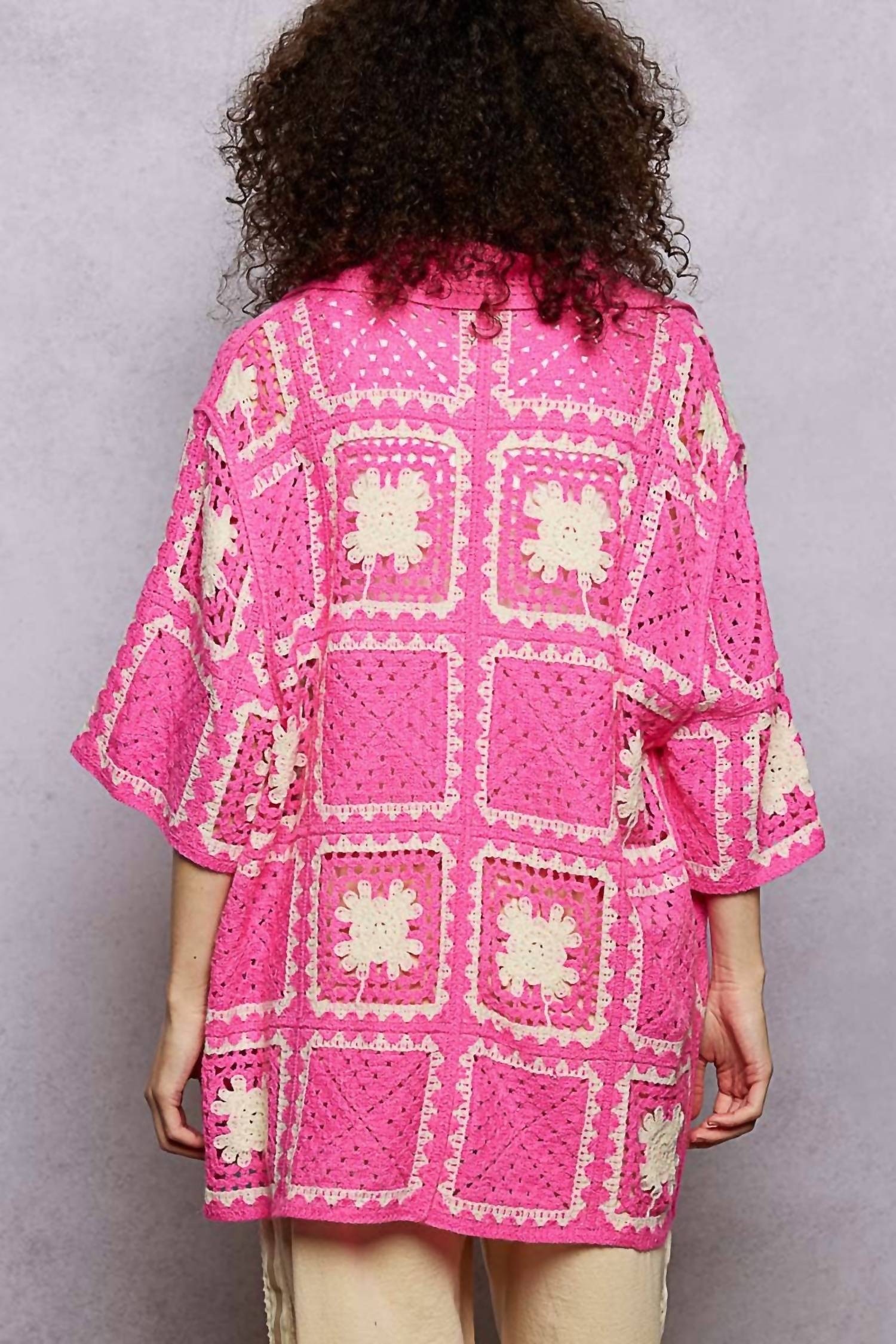 POL Button Collar Granny Square Crochet Shirt Top in pink multi - women's blouse - alternate view