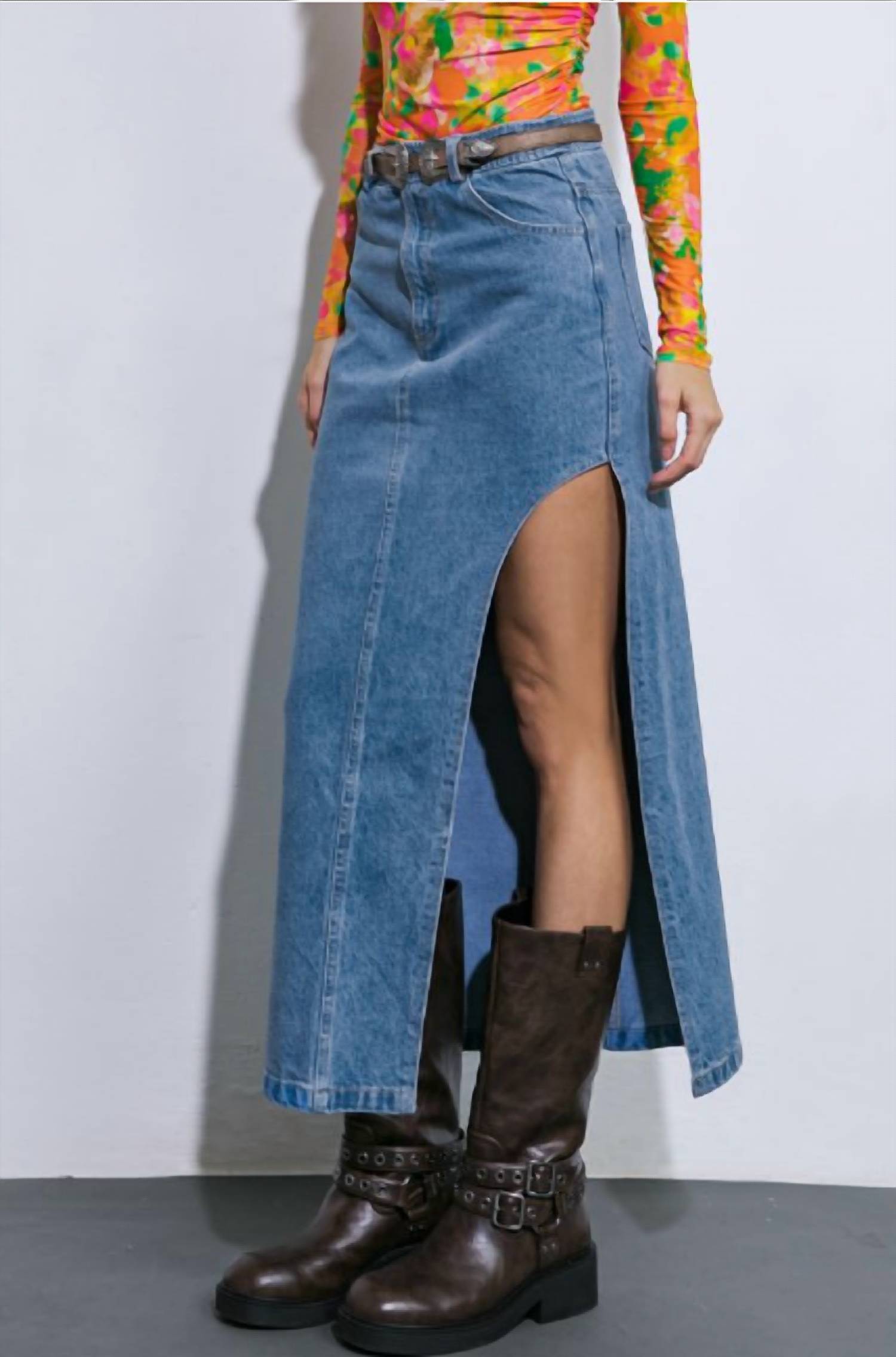 Flying Tomato - Washed Denim Midi Skirt