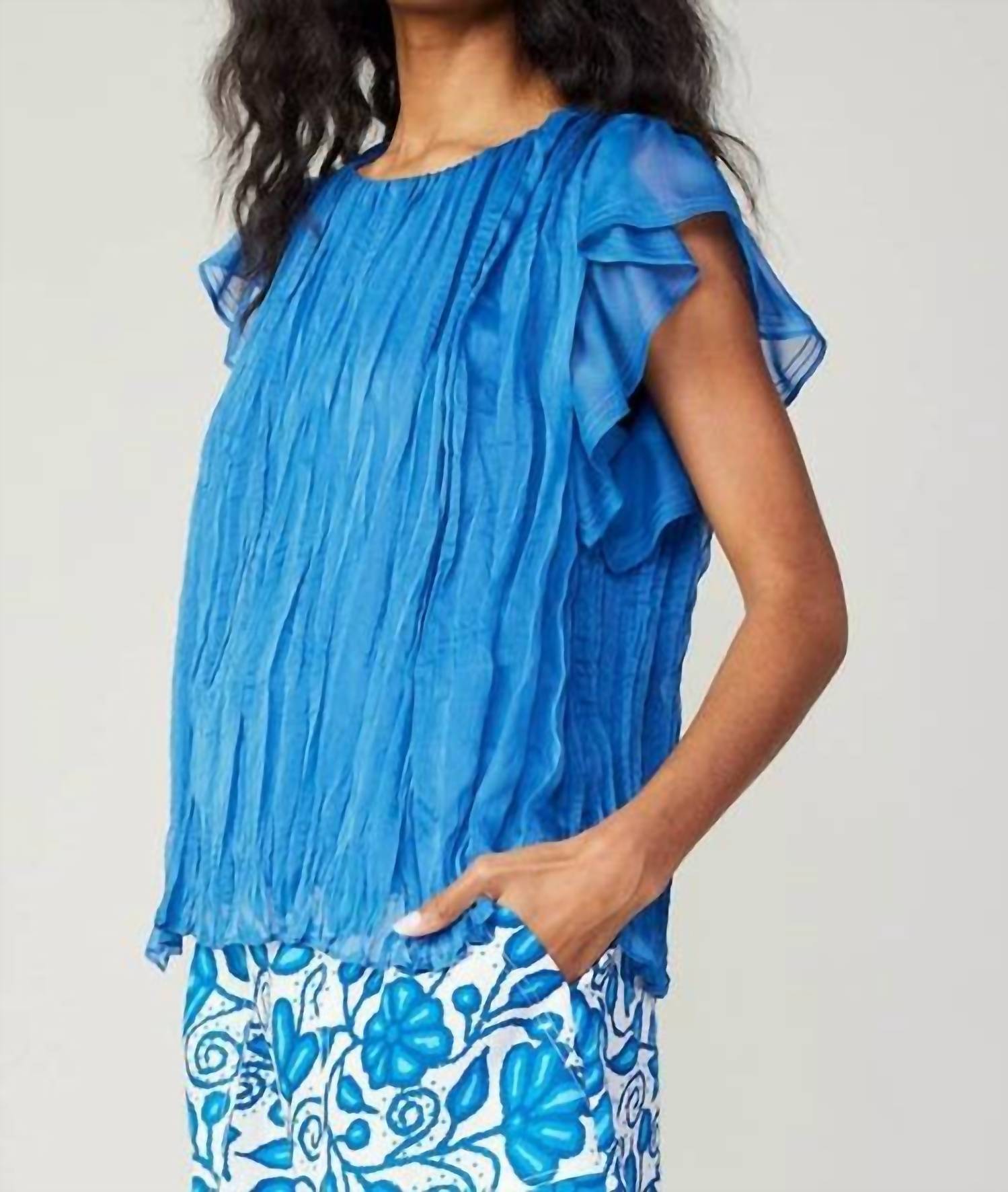current air Flutter Short Ruffle Sleeve Crinkle Top in azure blue - women's blouse - view 4