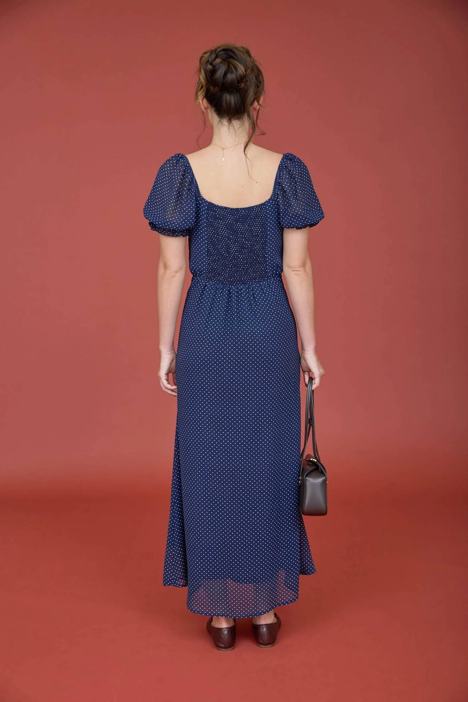 Blu Pepper - Polka Dot Sweetheart Puff Sleeve Mesh Midi Dress