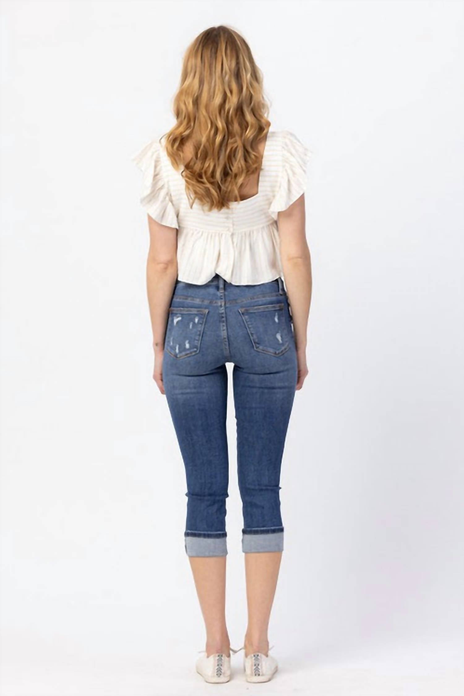 Judy Blue - Mid Rise Distressed Cuffer Jeans - Plus