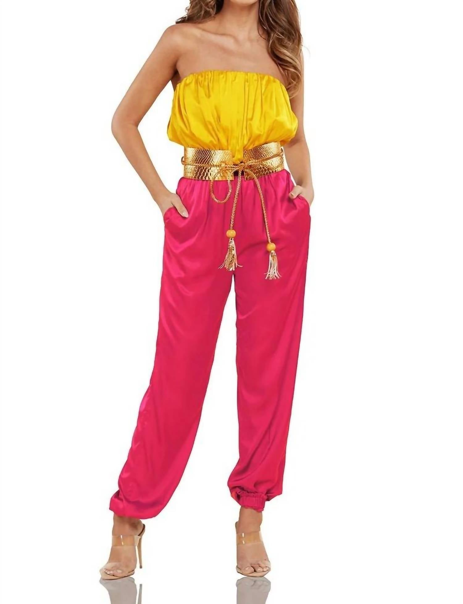 LATISTE Strapless Satin Jumpsuit With Belt in lime - women's pants