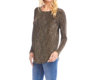 Karen Kane Long Sleeve Metallic Knit Shirttail Top - Petite in leopard - women's long sleeve top - detail view