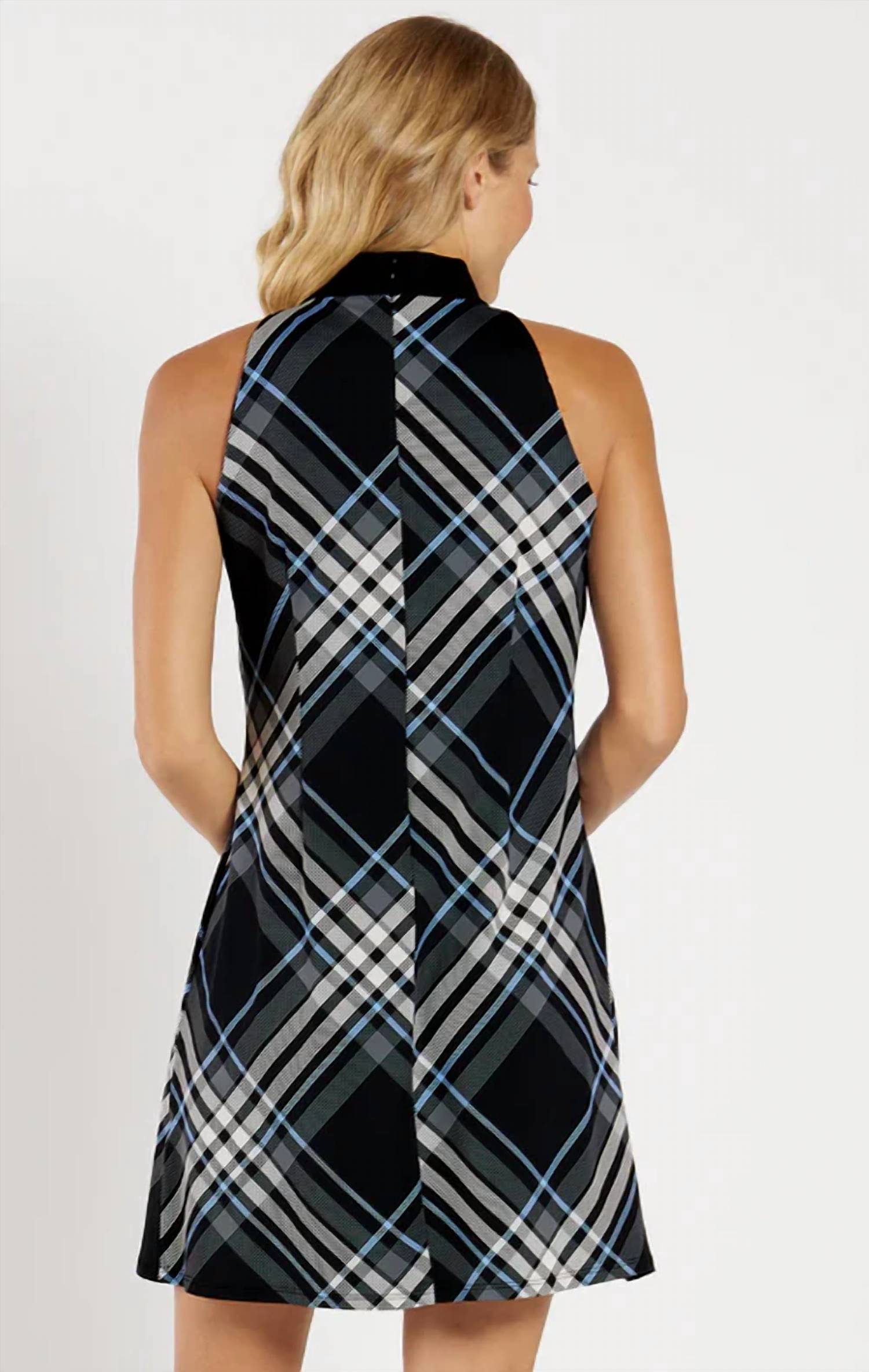 JUDE CONNALLY Maureen Ponte Mini Dress in grand plaid black - women's dress - detail view