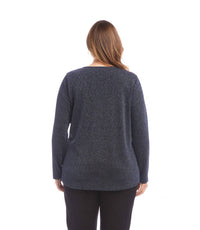 Karen Kane Long Sleeve Metallic Knit Side-tie Top - Plus in navy - women's long sleeve top - detail view