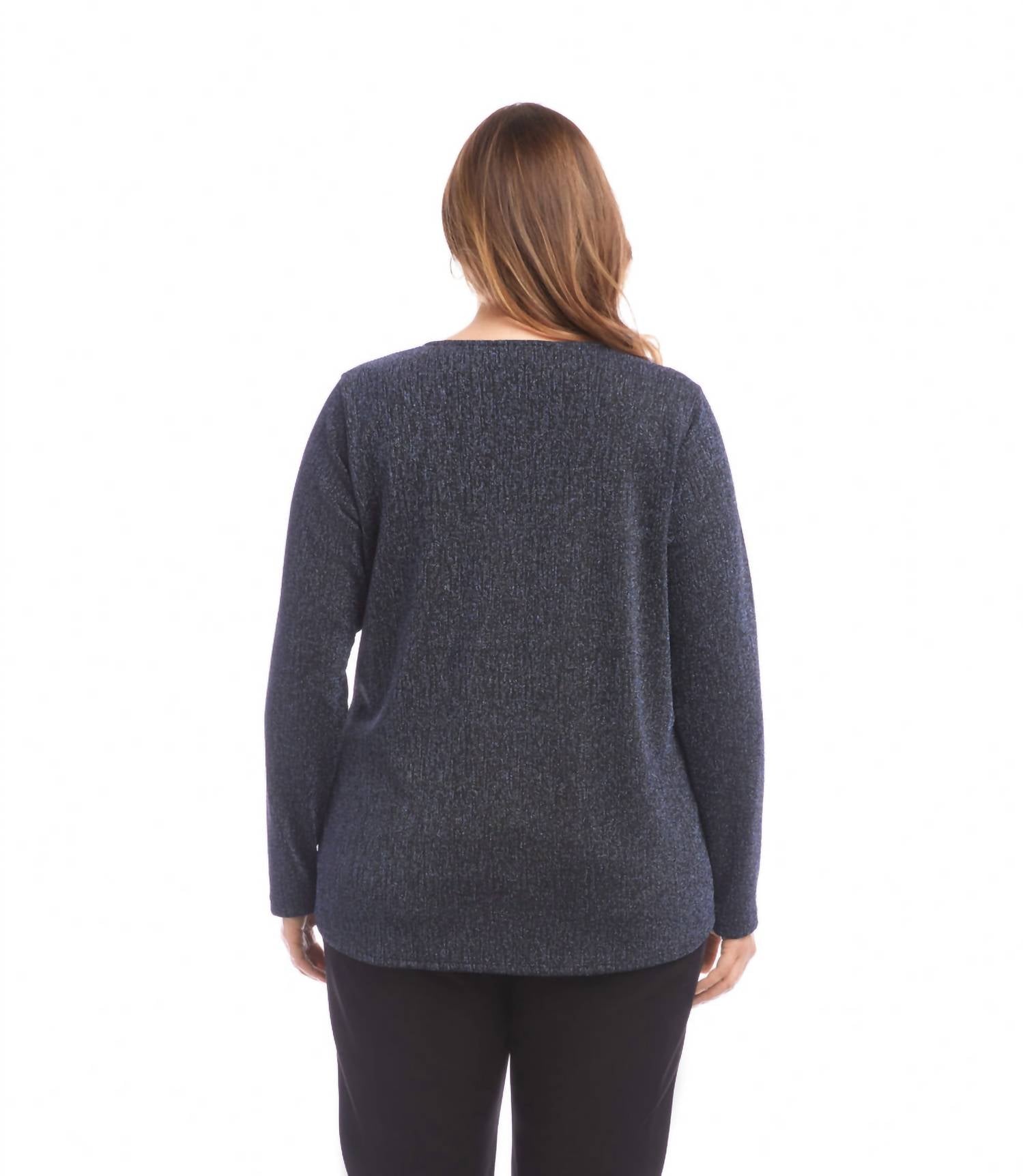 Karen Kane Long Sleeve Metallic Knit Side-tie Top - Plus in navy - women's long sleeve top - detail view
