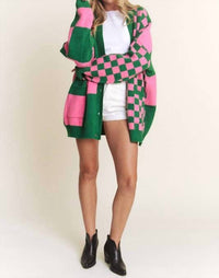 Jade By Jane - Button Down Long Sleeve Checkered Oversized Cardigan