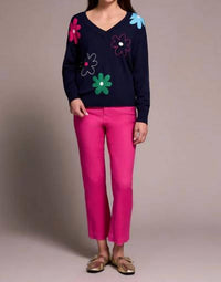 TRIBAL Daisy Flower Front Cotton V-neck Sweater in nightfall - women's sweater
