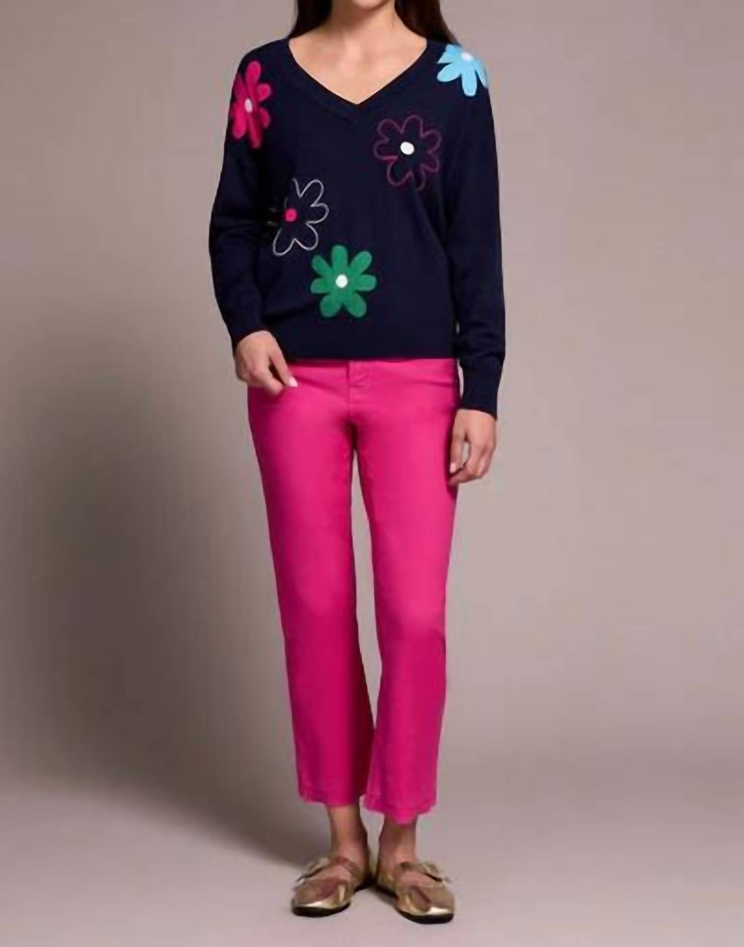 TRIBAL Daisy Flower Front Cotton V-neck Sweater in nightfall - women's sweater
