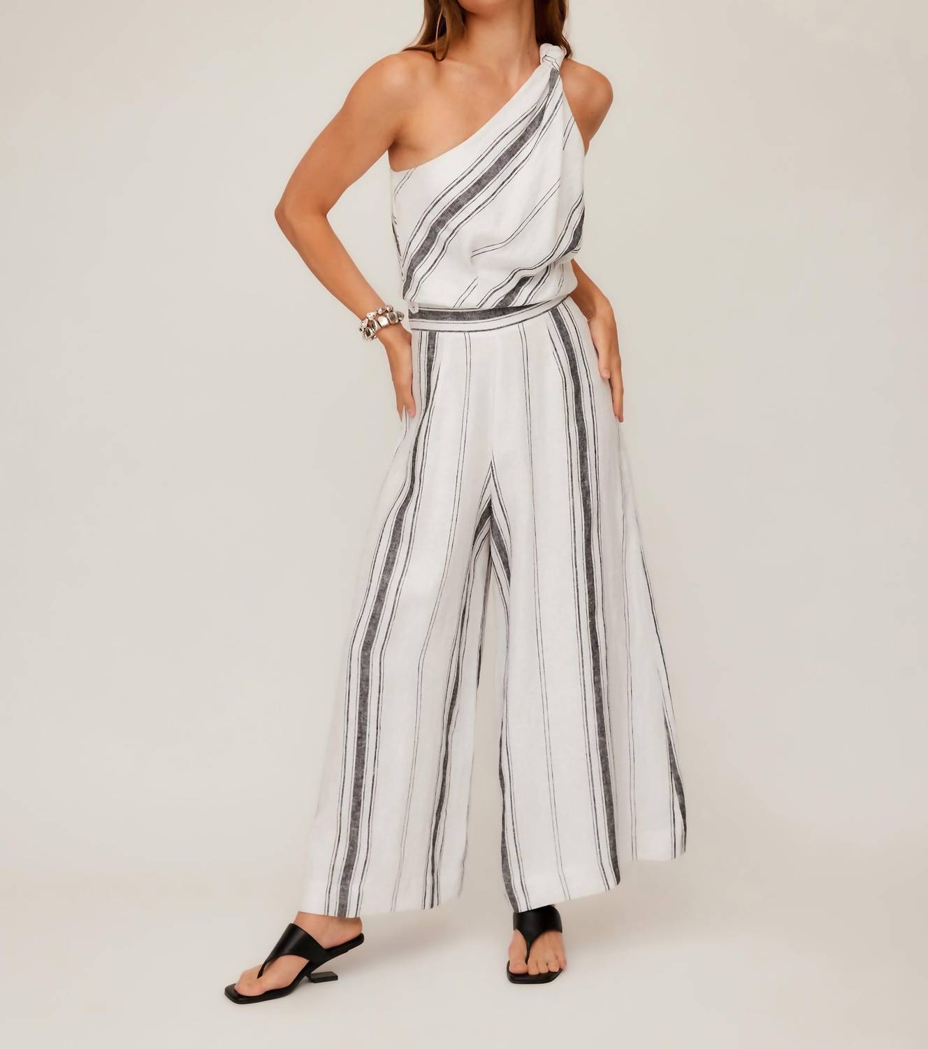 Fifteen Twenty VANITA BEACH STRIPE LINEN ONE SHOULDER TOP in white - women's blouse - alternate view