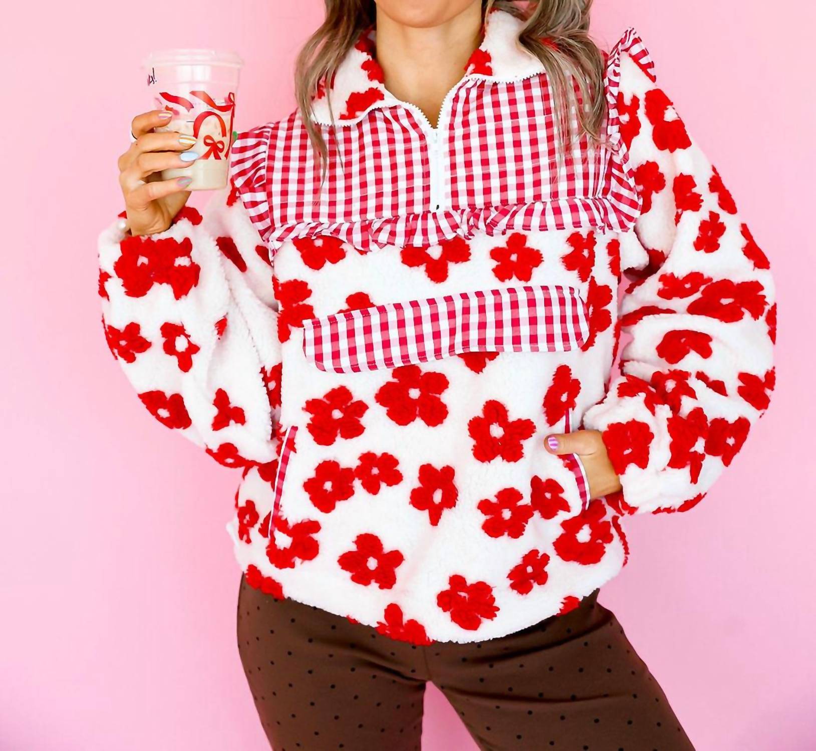 Davi & Dani - Half Zip Floral Gingham Pull Over