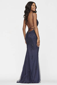 Faviana - Beaded Lace Long V Neck Dress With Open Back