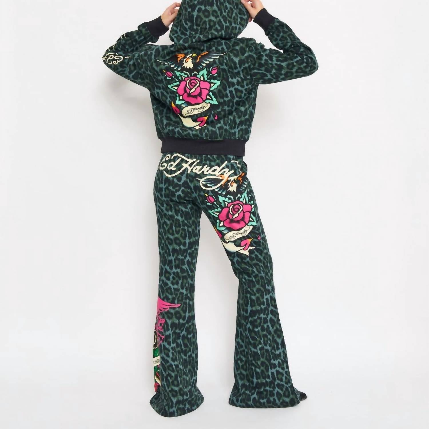 Ed Hardy Anchor Rose Bootcut Sweatpants in green leopard - women's pants - alternate view