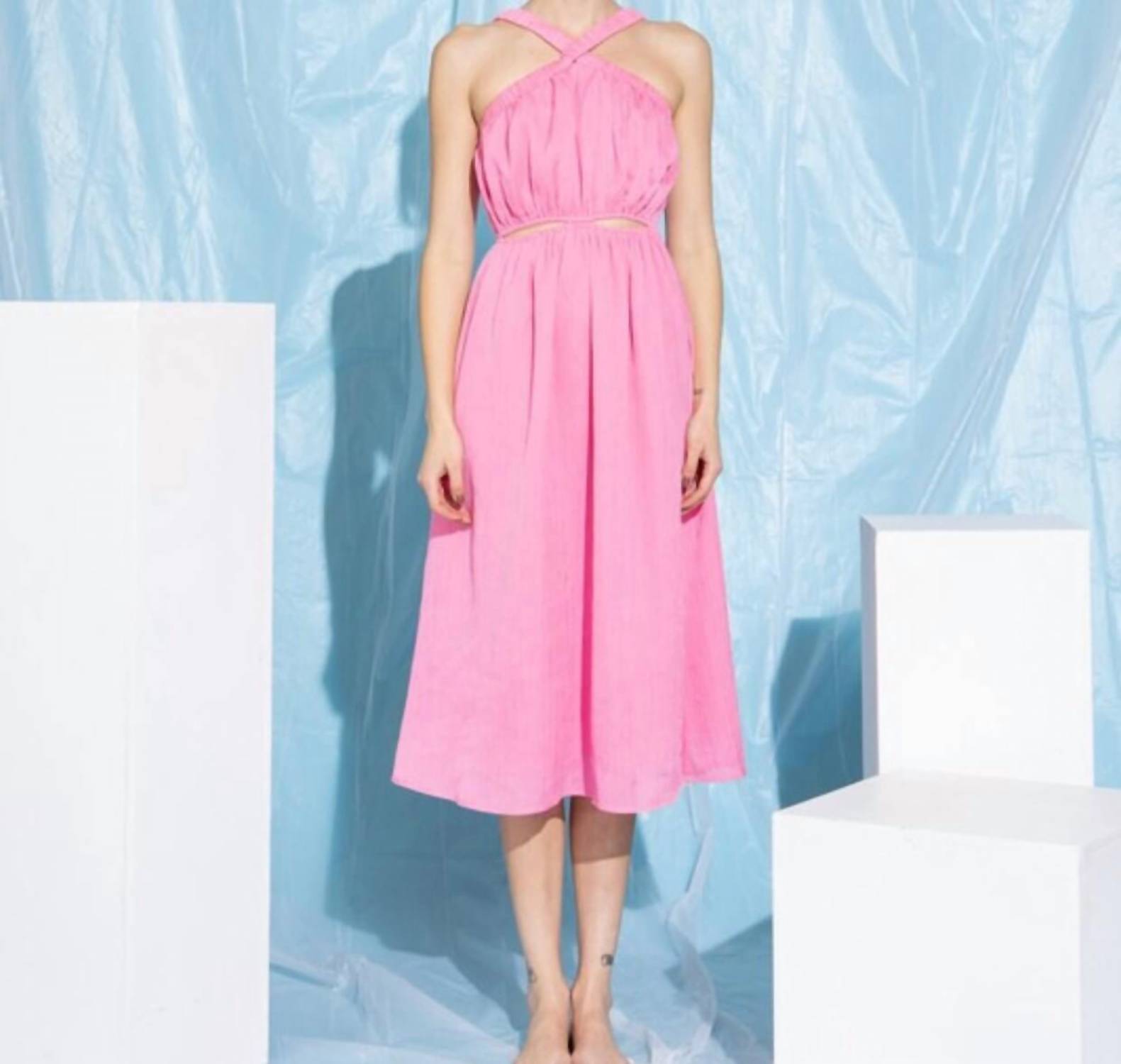 Lena - Textured Solid Cutout Midi Dress
