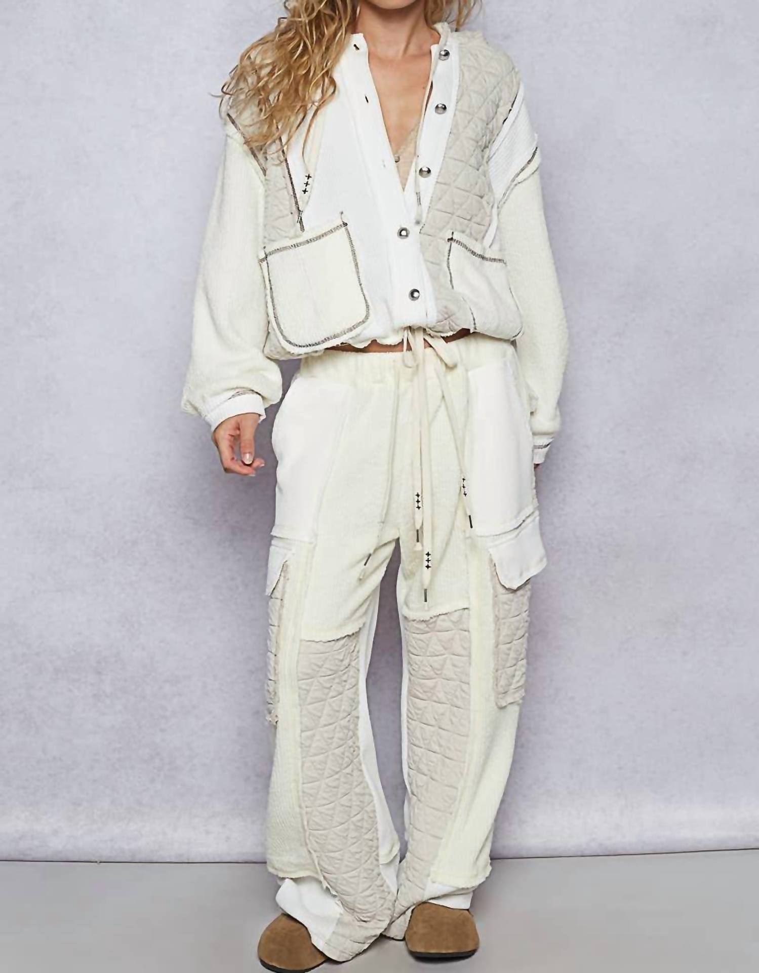 POL Hooded Button Down Combo Shacket in cream beige - women's jacket - view 5