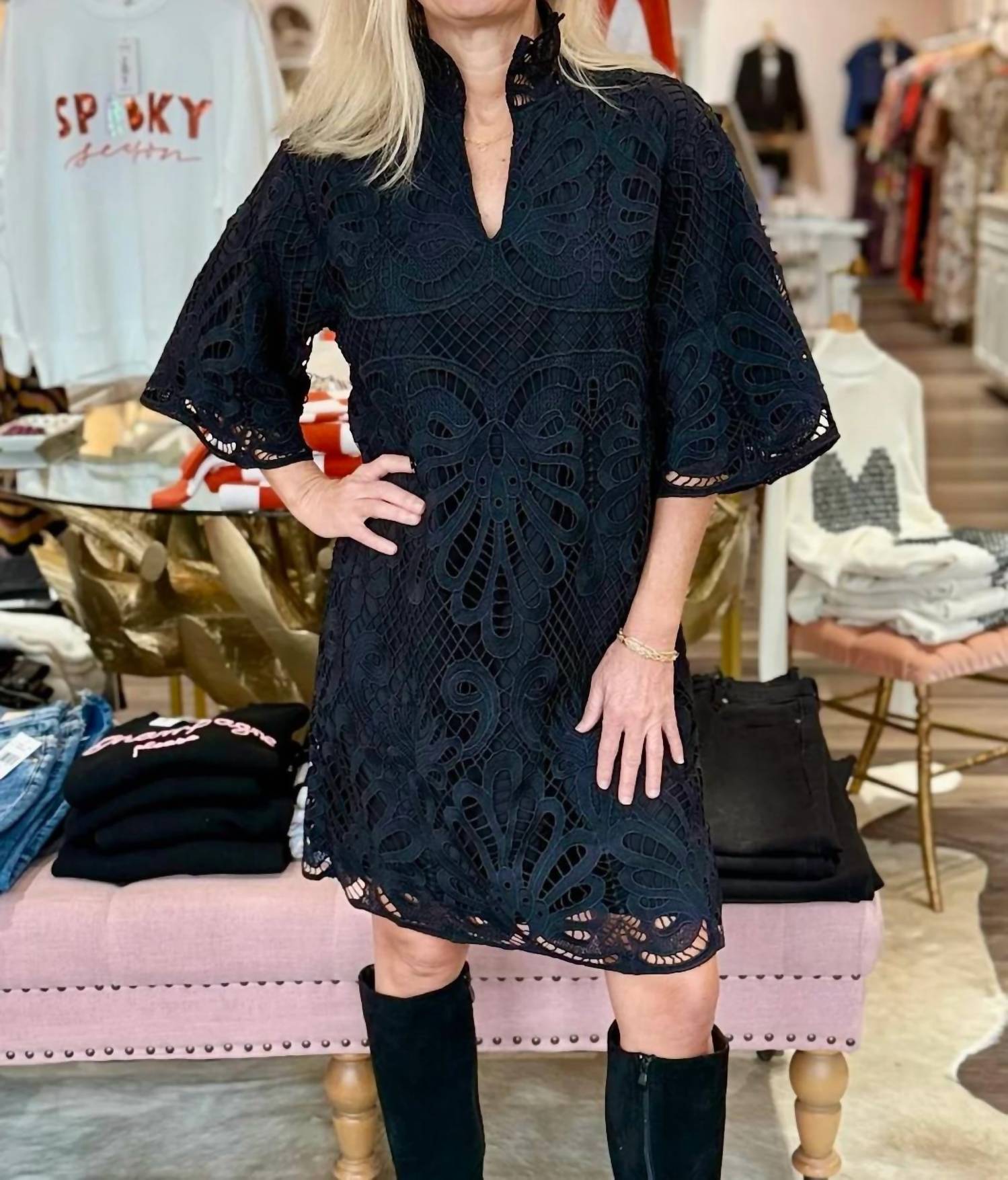 Jade - Lace High Neck Tunic Mini Dress