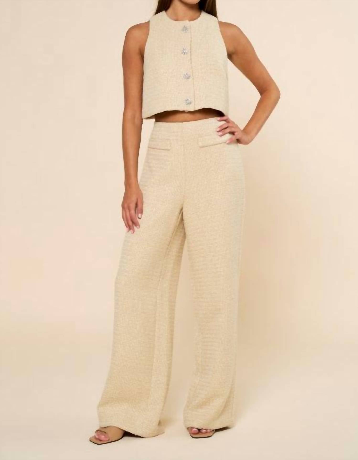 Lalavon - Sleeveless Tweed Vest And Long Pants Set