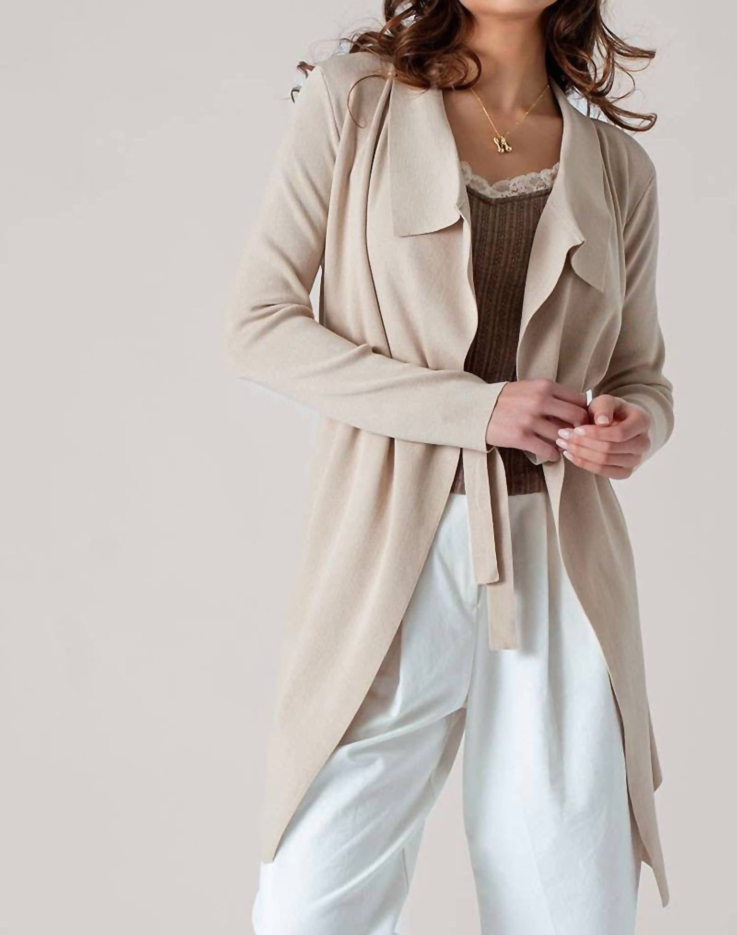 Urban Daizy Draped Front Long Sleeve Waist Tie Cardigan in taupe - women's cardigan - view 4
