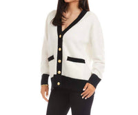 Karen Kane Colorblock Cardigan Sweater in ivory with black - women's cardigan - detail view