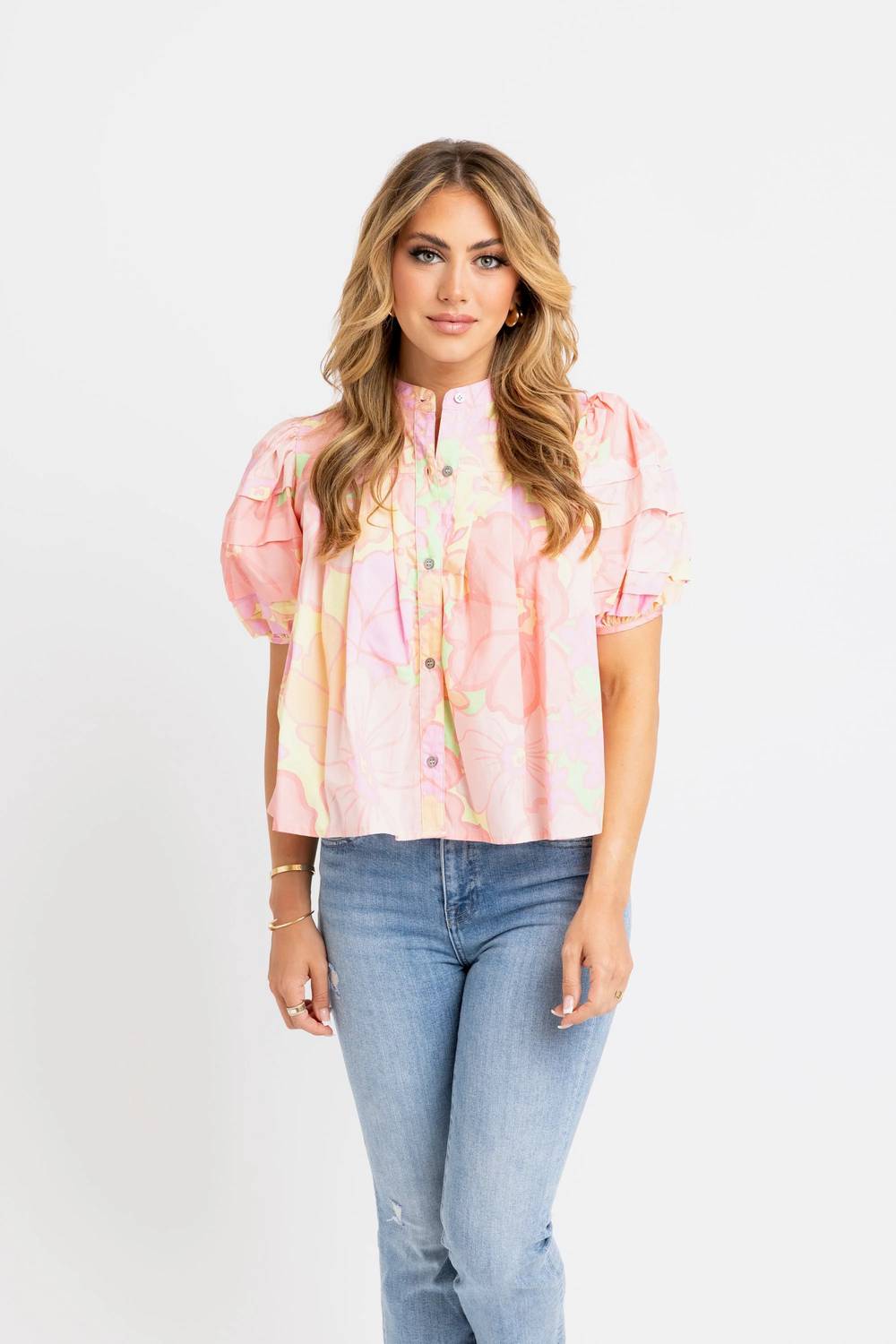 Karlie - Big Floral Pastel Pleat Sleeve Top