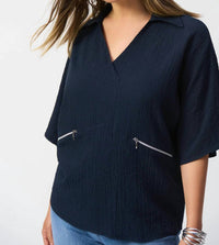 Joseph Ribkoff - V-neck Collared 3/4 Sleeves Hi-low Top