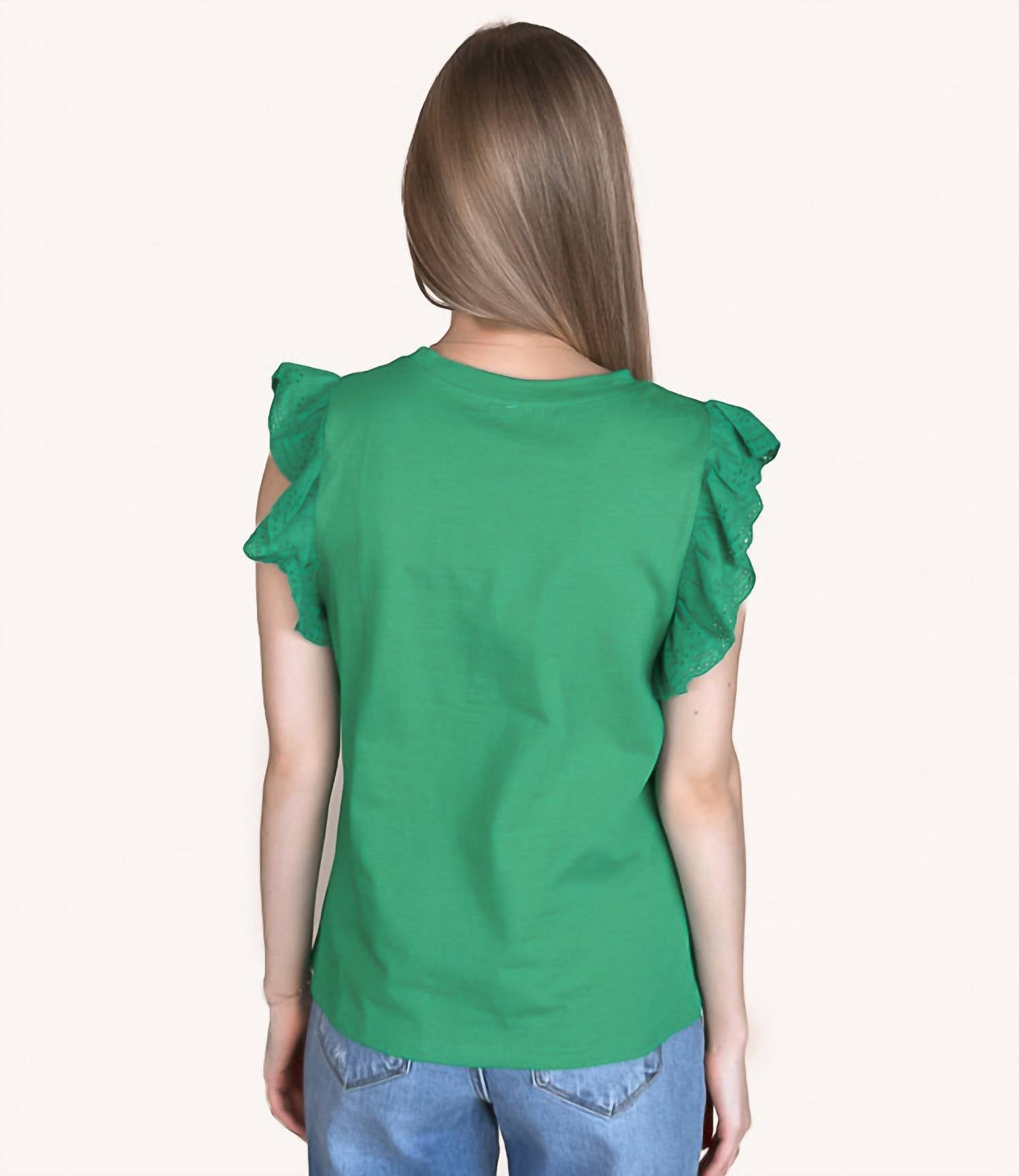 Shiying Fashion - Embroidered Ruffled Sleeve Crew Neck Top