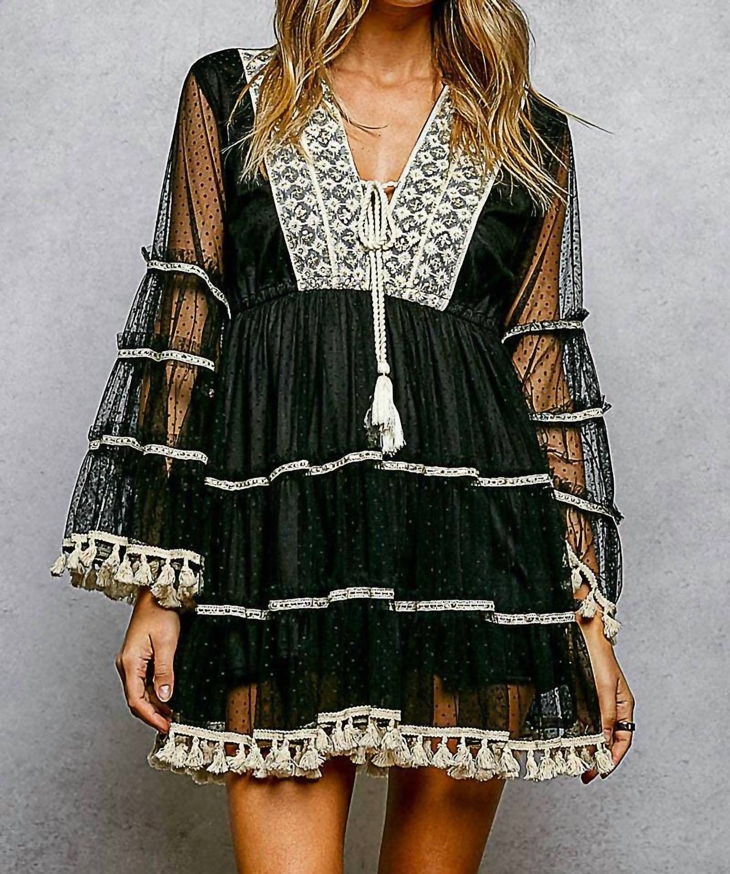 Pol - Split Embroidery Tassel Detail V-Neck Flared Short Dress