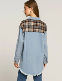 Sweetkama - Plaid Color Block Jean Jacket