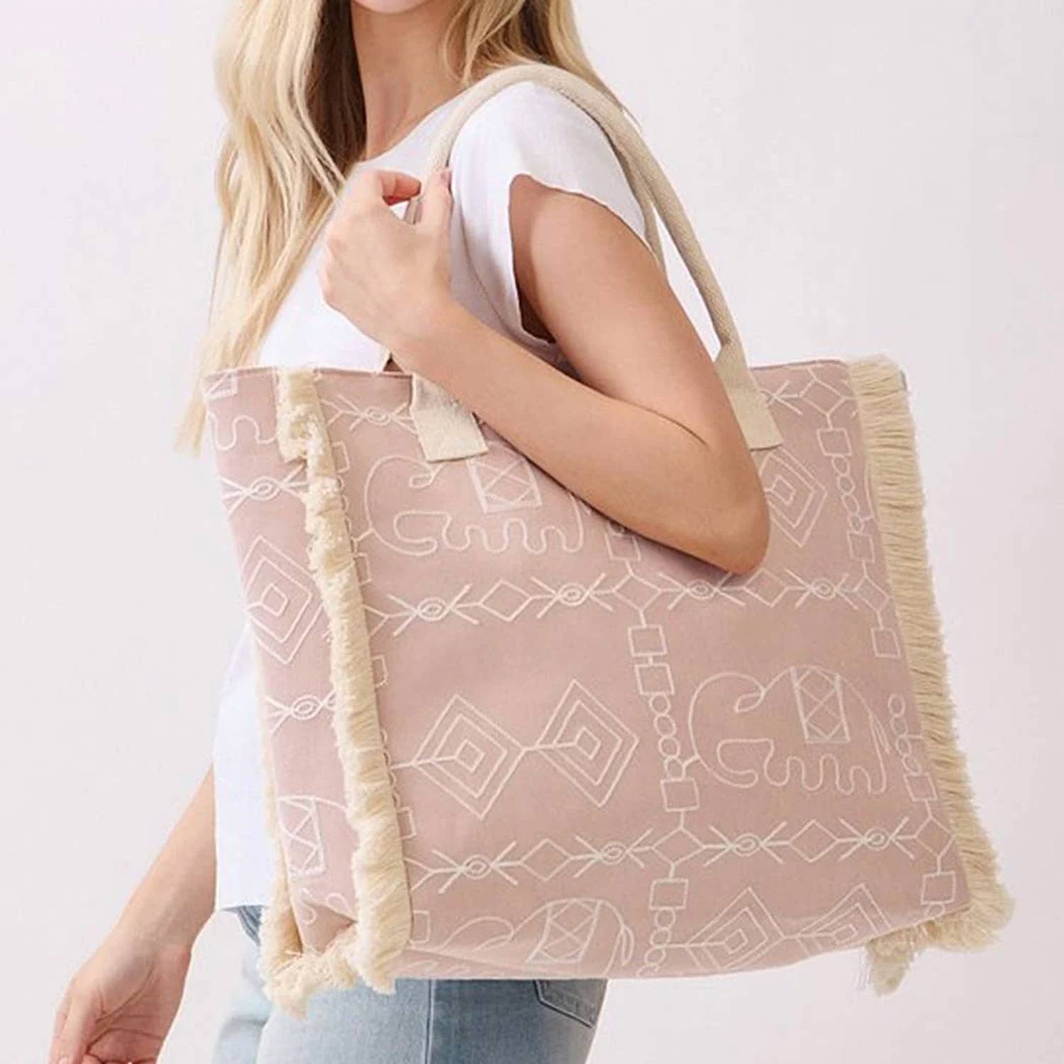 3Am By H&D Accessories - Women's Boho Geometric Elephant Print Fringe Tote Bag