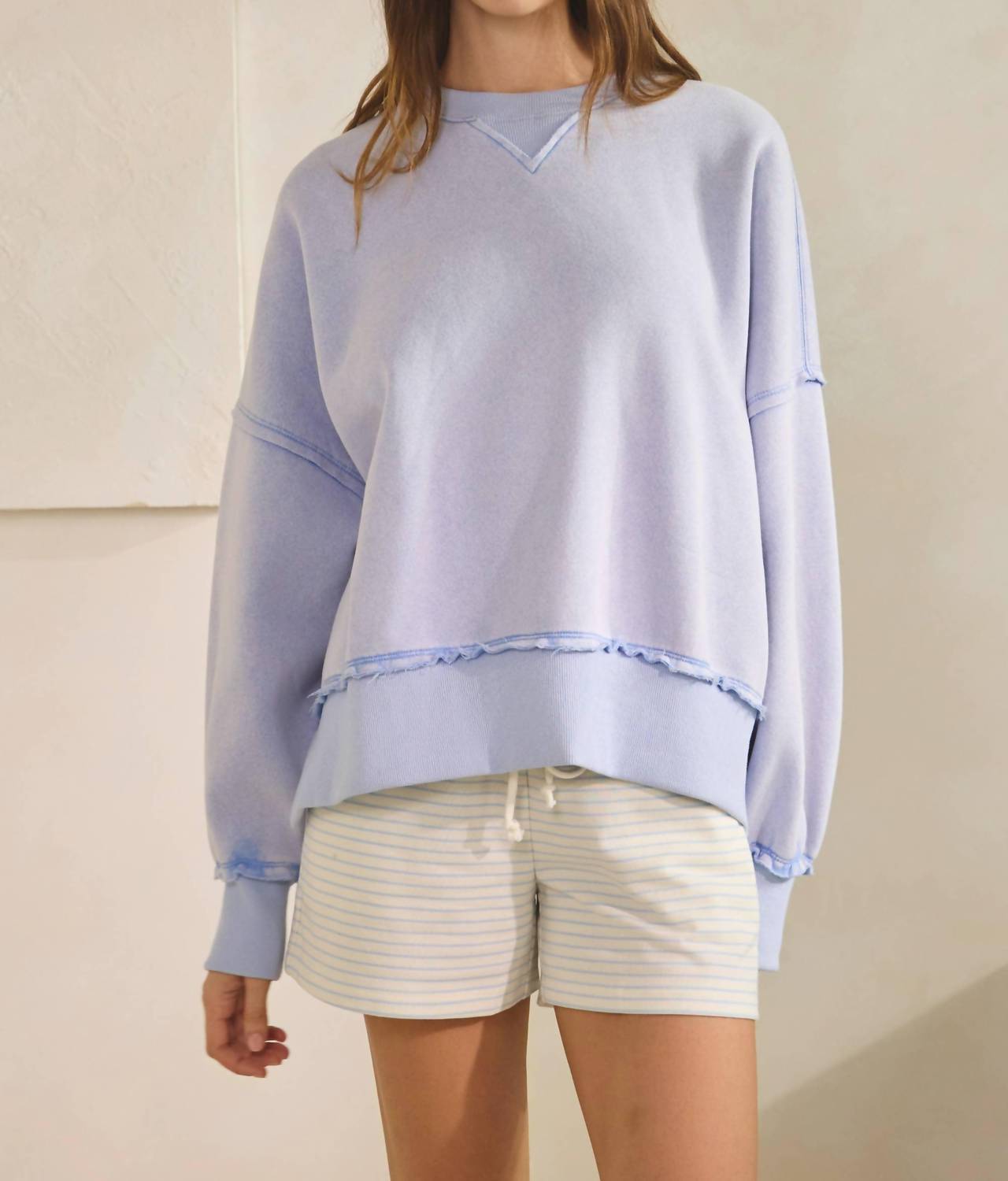 Creamon Hug Distressed Washed Sweatshirt Pullover in misty blue - women's top