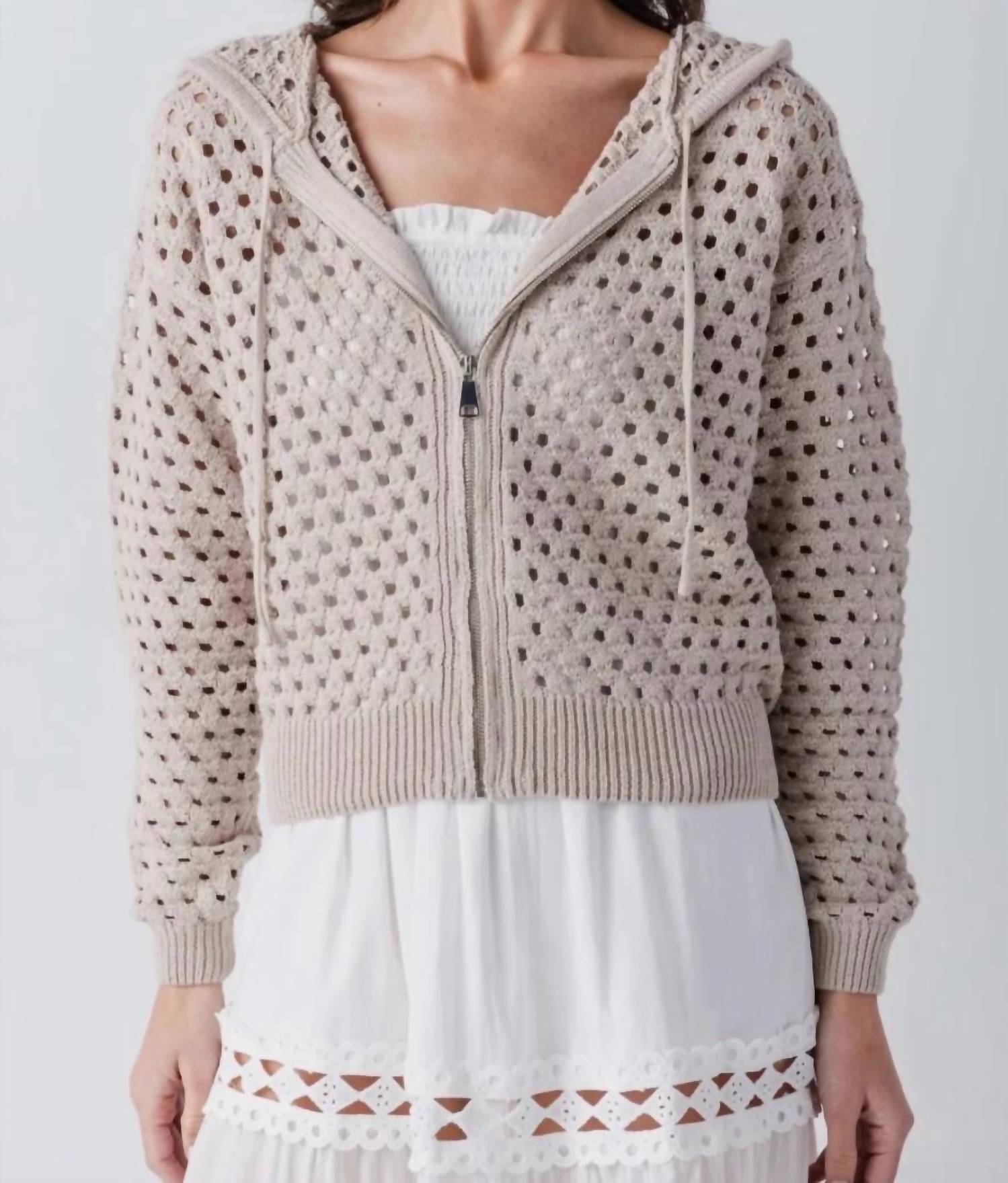 Elan - Open-knit Hooded Zip Sweater