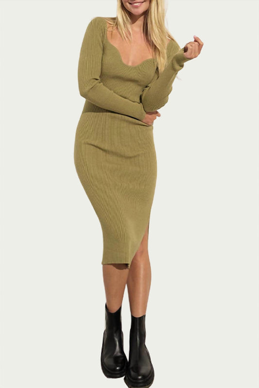 RIBBED-KNIT SWEETHEART-NECK MIDI DRESS