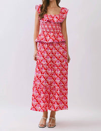 Tcec - Penelope Floral Print Smocked Waist Midi Skirt