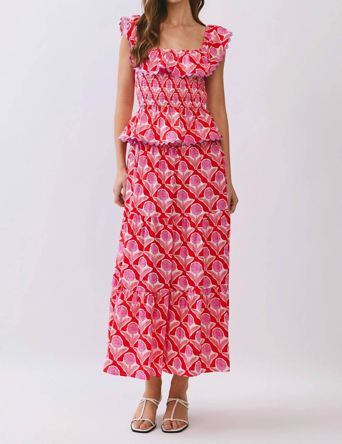 Tcec - Penelope Floral Print Smocked Waist Midi Skirt