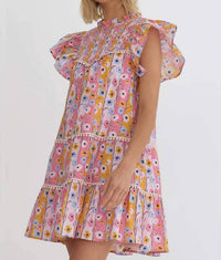 Entro - Watercolor Floral Ruffle Sleeve Mini Dress