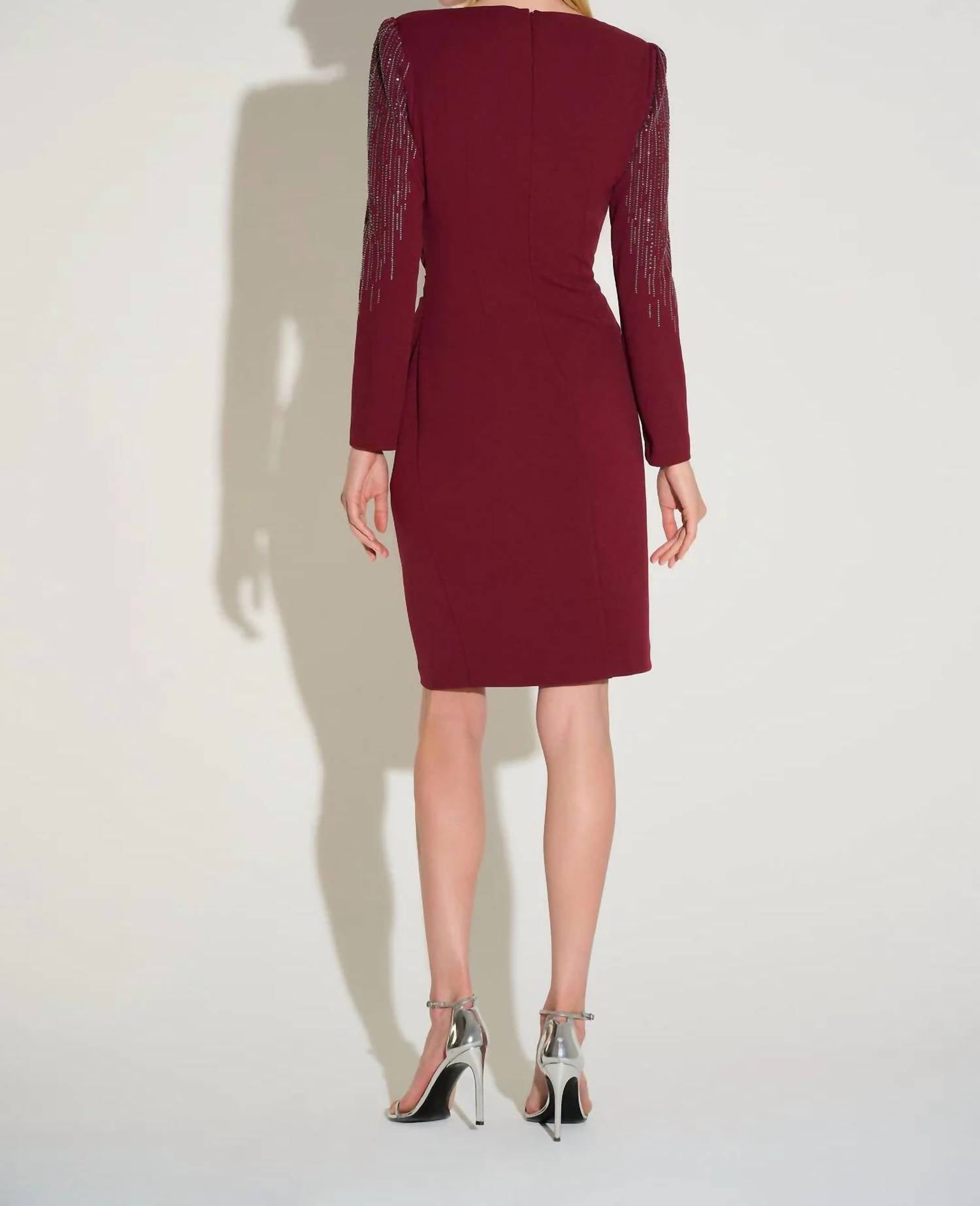 Joseph Ribkoff - V-neck Embellished Long Sleeves Sheath Dress