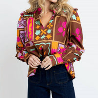Karlie - Floral Frame V-neck Ruffle Top