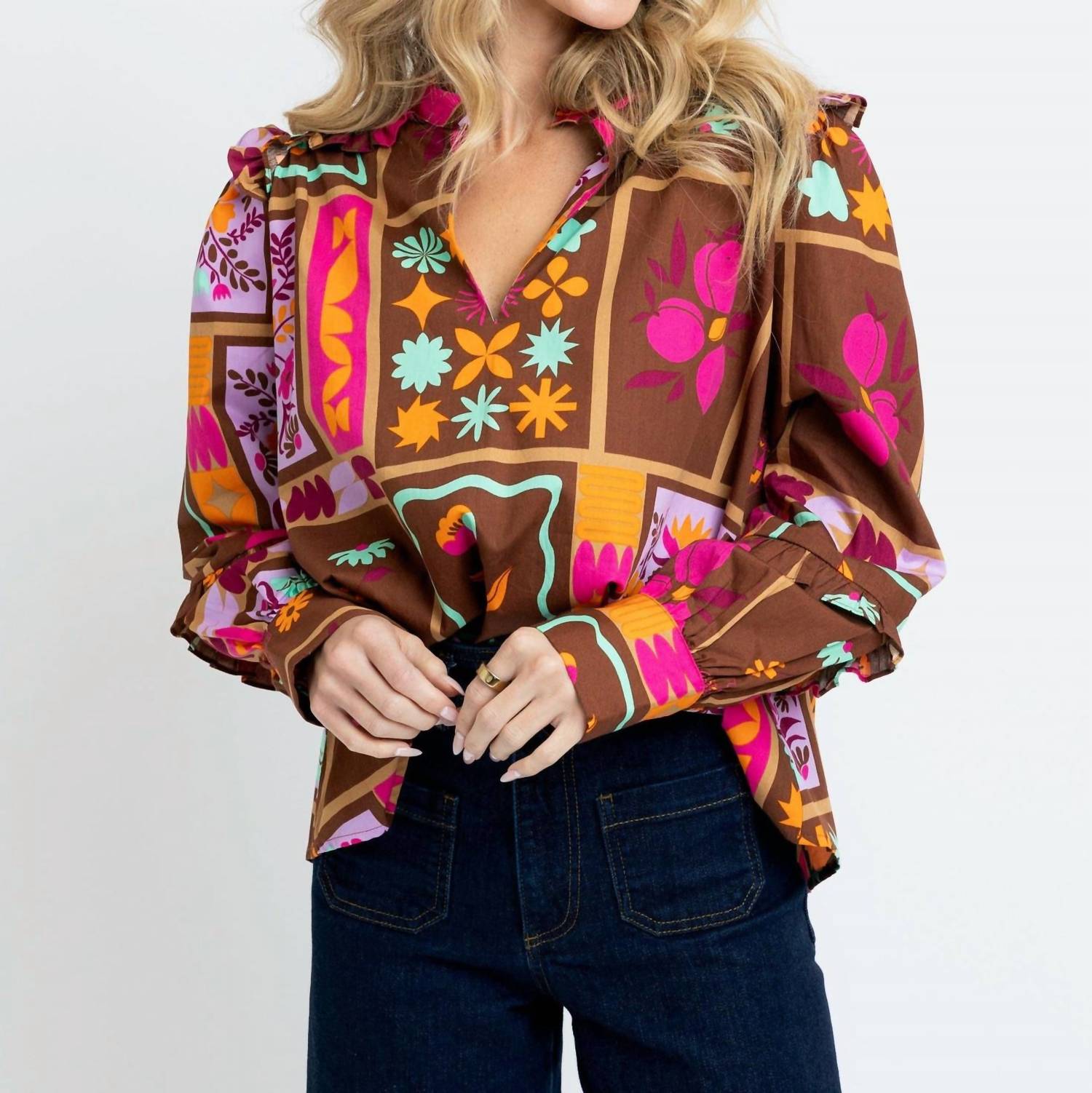 Karlie - Floral Frame V-neck Ruffle Top