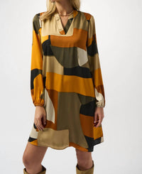 Joseph Ribkoff Geometric Long Sleeve Trapeze Dress in black multi 1 - women's dress